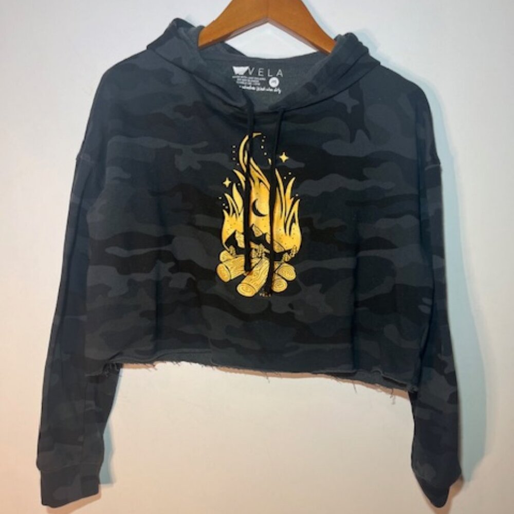 Vela Black‎ Grey Camo Fire Cropped Frayed Oversize Hoodie Sz M